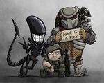  alien alien_(franchise) alien_vs_predator english_text grin group gun human joshng looking_at_viewer male mammal predator_(franchise) ranged_weapon rifle sign simple_background text v_sign weapon xenomorph yautja 