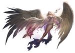  bare_legs barefoot breasts brown_eyes feet full_body head_tilt highres large_breasts large_wings league_of_angels legs lips long_hair navel parted_lips polearm realistic rike_lee sideboob solo spear spread_wings transparent_background very_long_hair weapon white_hair 