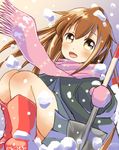  blush boots brown_hair commentary fumizuki_(kantai_collection) gloves highres kantai_collection long_hair looking_at_viewer misacho_(misa1001) open_mouth pink_gloves pink_scarf ponytail red_footwear scarf shovel smile snow solo yellow_eyes 