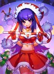  bad_id bad_pixiv_id bare_shoulders breasts candy candy_cane cleavage food gloves hat highres large_breasts long_hair maplestory midriff purple_eyes purple_hair sachimaa santa_hat solo 