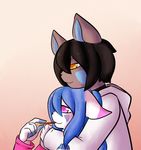  azzy black_hair blue_hair blush cat cuddling feline hair hug karichan622 lyra_belle mammal pocky 