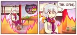  2girls :d angel_wings blonde_hair blush_stickers bow bowtie chair clownpiece cup english fire gunshow_(comic) hat jacket jester_cap kishin_sagume meme multiple_girls open_clothes open_jacket open_mouth parody purple_eyes red_bow red_eyes reverse_translation round_window side_handle_teapot silver_hair single_wing sitting smile smoke table teapot this_is_fine torch touhou window wings wool_(miwol) yunomi |_| 