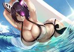  absurdres armpits arms_up bent_over blush breasts cleavage eyepatch hews_hack highres huge_breasts huge_filesize kantai_collection paid_reward patreon_reward purple_hair sharp_teeth solo swimsuit teeth tenryuu_(kantai_collection) tidal_wave water yellow_eyes 