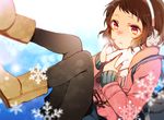 ankle_boots boots brown_hair earmuffs fur_boots hyouka ibara_mayaka kiri_(lwp01_lav) mittens pantyhose red_eyes scarf short_hair solo ugg_boots winter_clothes 