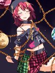  =_= belt black_background blue_skirt blush chain clothes_writing dripping earth_(ornament) green_skirt hat heart hecatia_lapislazuli hemogurobin_a1c honey jewelry lace lace-trimmed_skirt liquid miniskirt moon_(ornament) multicolored multicolored_clothes multicolored_skirt navel neck_ring off-shoulder_shirt off_shoulder open_mouth plaid plaid_skirt polos_crown red_hair red_skirt restrained shirt short_hair short_sleeves simple_background skirt solo suggestive_fluid tears touhou wrist_cuffs 