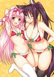 :d ;3 absurdres akashi_(akashimichi) animal_ears armpits bikini black_hair black_legwear blue_eyes blush breasts bunny_ears bunny_tail cameltoe cat_ears christmas cleavage collarbone fur-trimmed_sleeves fur_trim hair_ribbon highres large_breasts long_hair looking_at_viewer multiple_girls navel no_shoes one_eye_closed open_mouth original pink_eyes pink_hair red_bikini ribbon santa_costume simple_background smile swimsuit tail thighhighs v white_legwear wolf_ears wolf_tail 