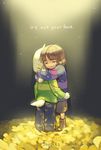  2015 ambiguous_gender anthro asriel_dreemurr boss_monster child duo flower fur hair hug human joodlez_(artist) male mammal plant protagonist_(undertale) simple_background undertale video_games white_background young 