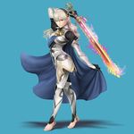  3d armor barefoot blonde_hair cape chainsaw feet female_my_unit_(fire_emblem_if) fire fire_emblem fire_emblem_if highres long_hair model my_unit_(fire_emblem_if) official_art pointy_ears red_eyes solo stirrup_legwear super_smash_bros. sword tiptoes toeless_legwear weapon 