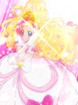  blonde_hair blue_eyes bow commentary_request cure_flora dress dress_up_premium_(go!_princess_precure) go!_princess_precure haruno_haruka long_hair magical_girl mode_elegant_(go!_princess_precure) multicolored_hair pink_bow pink_hair precure puffy_sleeves smile solo streaked_hair tj-type1 two-tone_hair white_bow white_dress 