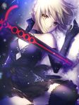  1girl artoria_pendragon_(all) blonde_hair bow dark_excalibur dress elbow_gloves fate/grand_order fate/stay_night fate_(series) gloves hair_bow lying pale_skin saber_alter snow solo yellow_eyes 