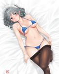  ass_visible_through_thighs bed_sheet bikini blue_bikini blue_eyes blush braid breasts brown_legwear collarbone covered_nipples from_above izayoi_sakuya kitano_(kitanosnowwhite) lying maid_headdress micro_bikini midriff navel on_back pantyhose pantyhose_pull short_hair silver_hair small_breasts solo stomach strap_gap swimsuit thigh_gap touhou twin_braids underboob wavy_mouth 