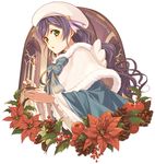  :o beret candle capelet christmas flower green_eyes hat hat_ribbon holly kannuki_hisui long_hair looking_at_viewer love_live! love_live!_school_idol_festival love_live!_school_idol_project merry_christmas pinecone poinsettia purple_hair ribbon snow_halation solo toujou_nozomi 