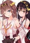  bad_id bad_pixiv_id black_hair blue_eyes brown_eyes brown_hair detached_sleeves hairband hand_on_another's_shoulder haruna_(kantai_collection) headgear highres japanese_clothes kantai_collection kongou_(kantai_collection) long_hair looking_at_viewer multiple_girls nontraditional_miko one_eye_closed open_mouth shirotaso0818 smile 