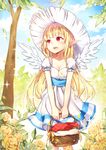  angel_wings bad_id bad_pixiv_id blonde_hair blush breasts cleavage collarbone dated dress dungeon_and_fighter earrings flower goyain hat highres jewelry long_hair mage_(dungeon_and_fighter) medium_breasts open_mouth picnic_basket pointy_ears puffy_short_sleeves puffy_sleeves red_eyes short_sleeves solo sun_hat wings 