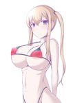  8000 areola_slip areolae arms_behind_back bangs bare_shoulders bikini blonde_hair blush breasts commentary covered_nipples graf_zeppelin_(kantai_collection) grey_eyes hair_between_eyes highleg highleg_bikini highleg_swimsuit kantai_collection large_breasts light_frown long_hair looking_at_viewer micro_bikini navel no_hat no_headwear pale_skin sidelocks simple_background solo strap_gap swimsuit twintails white_background 