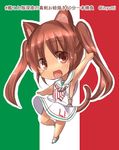  animal_ears brown_eyes brown_hair cat_ears chibi dress flag_background hat inyucchi italian_flag kantai_collection libeccio_(kantai_collection) long_hair open_mouth sailor_dress solo twintails 