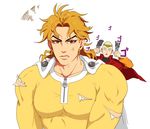  anger_vein bald birthmark blonde_hair cape collarbone cosplay costume_switch crossover dio_brando dio_brando_(cosplay) earrings fang headband jewelry jojo_no_kimyou_na_bouken knife male_focus multiple_boys muscle one-punch_man red_eyes saitama_(one-punch_man) saitama_(one-punch_man)_(cosplay) tariah_furlow throwing_knife torn_clothes vampire weapon 
