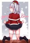  black_legwear black_panties blue_eyes cai_geng capelet fur_trim hat heart highres kantai_collection kashima_(kantai_collection) kneeling looking_back merry_christmas panties panty_pull pussy_juice santa_hat silver_hair skirt skirt_lift socks solo spoken_heart underwear 