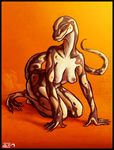  all_fours anthro breasts claws digital_media_(artwork) eye_contact female kneeling leaning leaning_forward lolzguy looking_at_viewer multicolored_scales nipples nude pinup pose reptile scales scalie smile snake two_tone_scales 
