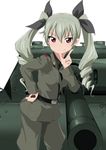  anchovy anzio_military_uniform arm_support belt black_shirt carro_armato_p40 cowboy_shot dress_shirt drill_hair finger_to_mouth girls_und_panzer green_hair grey_jacket grey_pants ground_vehicle hair_ribbon hand_on_hip holding jacket leaning long_hair long_sleeves looking_at_viewer military military_uniform military_vehicle motor_vehicle necktie pants red_eyes ribbon riding_crop sakurai_tene shirt shoulder_belt smile solo standing tank twin_drills twintails uniform white_background 