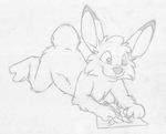  anthro buckteeth creating_art cub drawing eraser front_view greyscale jake_cottontail lagomorph lying male mammal mizzyam monochrome nude on_front pencil pencil_(artwork) rabbit smile solo teeth traditional_media_(artwork) young 
