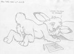  all_fours anthro ass_up balls barefoot buckteeth cub dialogue english_text eraser erection greyscale homework jake_cottontail lagomorph looking_at_viewer male mammal mizzyam monochrome nude paper_sheet pencil pencil_(artwork) penis rabbit searching sheath signature solo talking_to_viewer tapering_penis teeth text traditional_media_(artwork) young 