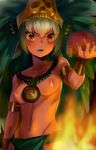  aztec blood bracer breasts censored civilization_(series) civilization_v cleavage commentary dark_skin fire genderswap genderswap_(mtf) green_hair groin headwear heart_(organ) jewelry montezuma_(civ) mosaic_censoring naso4 navel necklace nipples orange_eyes short_hair small_breasts solo teeth topless 