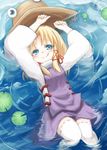  :q blonde_hair blue_eyes blush eyes hat highres kibisake lying lying_on_water moriya_suwako on_back partially_submerged short_hair solo thighhighs tongue tongue_out touhou white_legwear 