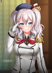  absurdres beret blue_eyes blueriest blush character_name epaulettes frilled_sleeves frills gloves hat highres kantai_collection kashima_(kantai_collection) looking_at_viewer military military_uniform salute short_twintails silver_hair smile solo twintails uniform white_gloves 