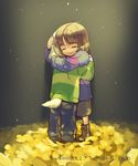  2015 ambiguous_gender anthro asriel_dreemurr boss_monster child duo flower fur hair hug human joodlez_(artist) male mammal plant protagonist_(undertale) simple_background undertale video_games white_background young 