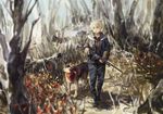  bad_id bad_pixiv_id bandana bare_tree blonde_hair blue_eyes coat dog fallout forest grass gun nature pip_boy rff_(3_percent) short_hair tree walking weapon 