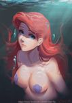  absurdres ariel_(disney) blue_eyes breasts bubble cian_yo disney highres lips long_hair medium_breasts mermaid monster_girl pasties red_hair shell shell_bikini solo the_little_mermaid underwater 