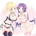  :d areola_slip areolae arms_behind_back ass_visible_through_thighs ayase_eli bangs bare_shoulders between_breasts black_bra black_gloves black_legwear black_panties blonde_hair blue_eyes bra breasts cleavage closed_mouth collarbone covered_nipples detached_collar eyebrows eyebrows_visible_through_hair frapowa garter_belt gloves green_eyes hair_ornament hair_scrunchie heart holding holding_hair large_breasts leaning_forward long_hair looking_at_viewer love_live! love_live!_school_idol_project low_twintails multiple_girls open_mouth panties pink_bra pink_gloves pink_legwear pink_panties ponytail purple_hair scrunchie smile stomach thigh_gap thighhighs toujou_nozomi twintails underwear very_long_hair 