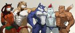  abs biceps bulge butt canine clothing colored feline fox group kinimus lion looking_at_viewer maldu male male/male mammal muscular pecs simple_background source_request speedo swimsuit white_background 