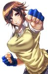  alternate_costume bad_id bad_pixiv_id blue_gloves breasts brown_eyes brown_hair eto_mori_shuku fingerless_gloves fist_bump gloves kazama_asuka large_breasts messy_hair reaching_out school_uniform short_hair short_sleeves skirt solo sweater_vest tekken upper_body v-neck white_background 