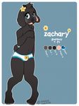  2015 black_fur blue_background blue_eyes bulge caprine chocoteenie clothed clothing english_text flower fur goat half-dressed male mammal navel open_mouth plant simple_background solo standing text topless underwear white_border zachary_(chocoteenie) 