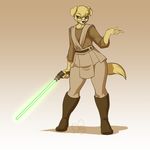  2015 anthro brown_eyes canine clothed clothing dog eyewear glasses jedi kittydee lightsaber male mammal pose simple_background smile solo star_wars vojeto white_background wide_hips 