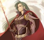  armor armpits breasts cape cleavage fire_emblem fire_emblem:_souen_no_kiseki gauntlets green_hair large_breasts long_hair nonji_(sayglo_halo) polearm prague_(fire_emblem) purple_eyes smile solo spear weapon 