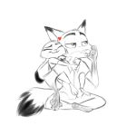  &lt;3 black_and_white canine disney duo female fox gokhan16 green_eyes hug judy_hopps lagomorph line_art male mammal monochrome nick_wilde rabbit simple_background sitting white_background zootopia 