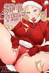  adapted_costume ahoge blonde_hair blue_eyes braid breasts cammy_white christmas collar come_hither commentary condom condom_in_mouth condom_wrapper cropped_jacket download_link eyelashes eyeshadow fingerless_gloves gloves hat huge_ahoge labia large_breasts leotard lips long_hair looking_at_viewer makeup merry_christmas mouth_hold naughty_face pussy red_leotard santa_costume santa_hat scar smile solo spread_legs spread_pussy spread_pussy_under_clothes street_fighter thong_leotard twin_braids uncensored x-teal2 
