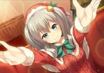  aran_sweater bell blue_eyes blush capelet christmas_tree dutch_angle fur_trim hair_bell hair_ornament hat kantai_collection kashima_(kantai_collection) outstretched_arms santa_hat shinonome_haru short_twintails silver_hair smile solo sweater twintails 