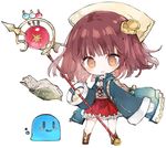  :d =) atelier_(series) atelier_sophie blush_stickers brown_eyes brown_footwear brown_hair chibi coat collared_coat cross-laced_clothes floating_book frilled_skirt frills hair_ornament hat head_scarf holding holding_staff kotatu_(akaki01aoki00) long_coat long_sleeves open_mouth puni_(atelier) red_skirt short_hair skirt smile sophie_neuenmuller staff white_background wide_sleeves 