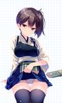  arm_support black_legwear breasts brown_eyes brown_hair hakama_skirt highres kaga_(kantai_collection) kantai_collection large_breasts lifted_by_self looking_at_viewer muneate ohara_tometa panties scan side_ponytail sitting skirt skirt_lift solo thighhighs underwear white_panties 