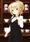  aoyama_blue_mountain bartender blonde_hair blurry formal gochuumon_wa_usagi_desu_ka? hand_on_own_chest highres looking_at_viewer pencil_skirt ponytail short_hair skirt solo telaform vest 