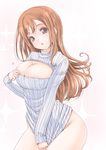  alternate_costume areola_slip areolae bangs blush bottomless breasts brown_hair chestnut_mouth cowboy_shot frapowa kunikida_hanamaru large_breasts long_hair long_sleeves looking_at_viewer love_live! love_live!_sunshine!! meme_attire open-chest_sweater ribbed_sweater shirt_tug solo sparkle sweater very_long_hair yellow_eyes 