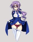  ass_visible_through_thighs black-framed_eyewear black_panties blush breasts cropped_legs facial_mark forehead_mark frilled_panties frills glasses gloves grey_background hair_ribbon lety_lowran long_hair long_sleeves lyrical_nanoha mahou_shoujo_lyrical_nanoha medium_breasts military military_uniform necktie panties pantyhose pantyhose_pull purple_hair purple_panties raiou ribbon semi-rimless_eyewear shiny shiny_hair sidelocks simple_background skirt skirt_lift solo tsab_naval_military_uniform under-rim_eyewear underwear uniform white_legwear 