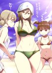  aki_(girls_und_panzer) arms_behind_back bangs beach bikini blunt_bangs blush bow_bikini breast_envy breasts brown_eyes brown_hair cleavage clenched_teeth cloud day flat_chest girls_und_panzer green_bikini groin hair_between_eyes hair_ribbon hat inu_(aerodog) large_breasts long_hair looking_at_another looking_at_viewer mika_(girls_und_panzer) mikko_(girls_und_panzer) multiple_girls navel ocean one-piece_swimsuit outdoors red_bikini red_eyes ribbon sky smile standing swimsuit teeth text_focus translated twintails white_swimsuit 