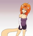  2014 blue_eyes breasts cat cleavage clothed clothing collar cream_fur feline female fur hair long_tail looking_away mammal orange_hair sabrina_(scorpdk) scorpdk shorts simple_background solo standing white_background 