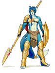  alien armor athletic blue_fur blue_hair canine cerinian clothing fingerless_gloves fox frown fur gloves greaves green_eyes hair loincloth luigiix male mammal markings melee_weapon muscular pauldron polearm ponytail shield solo spear tailband tribal vambraces warrior weapon white_fur 