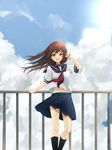  absurdres bad_id bad_pixiv_id black_legwear brown_eyes brown_hair cloud day hand_in_hair hand_on_railing highres kneehighs long_hair looking_at_viewer midriff miyakura_shiiha navel neckerchief open_mouth original outdoors pleated_skirt railing school_uniform serafuku skirt smile solo wind 